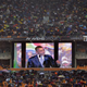 President Barack Obama is seen on a giant screen as he gives a speech during the memorial service of South African former president Nelson Mandela at the FNB Stadium (Soccer City) in Johannesburg on Dec. 10, 2013.
ODD ANDERSEN/AFP/Getty Images